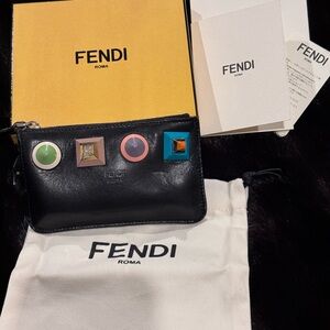 Fendi Black Leather Accessory with Gold and Pink Studs